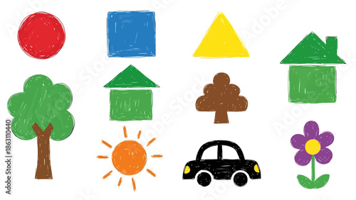 Childlike Drawings of Simple Objects and Shapes for Early Education and Play