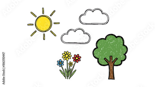 Childlike Drawing of Sun Clouds Flowers and Tree Simple Nature Elements for Educational Use