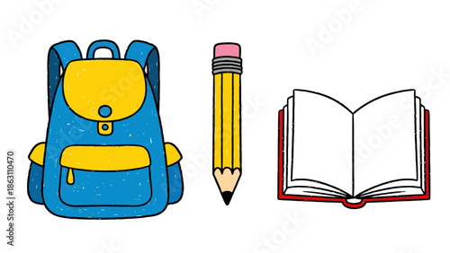 School Supplies Backpack Pencil and Open Book Elements for Learning and Education Concepts