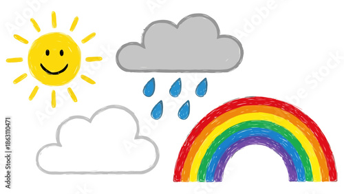 Childlike Drawing of Weather Elements Sun Clouds Rain and Rainbow