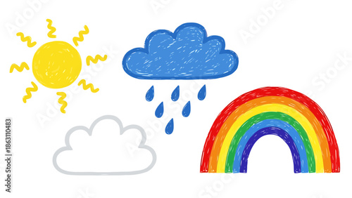 Children s Drawing of Weather Elements Sun Clouds Rain Rainbow