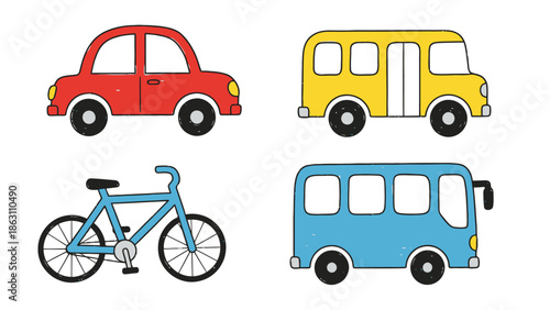 Set of four cartoon transportation vehicles car school bus bicycle and van