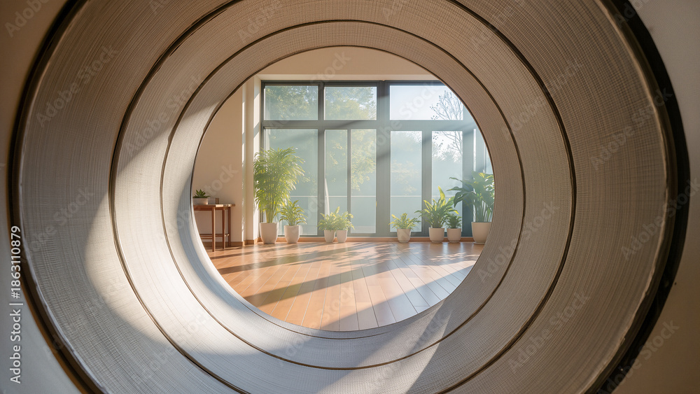Fototapeta premium A unique, artistic perspective looking through several concentric white rings towards a bright living space. The background features large windows, indoor plants, and sunlight streaming across a woode
