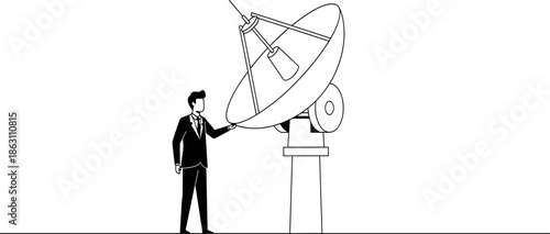 Satellite communication illustration, black and white vector, space technology concept, data transmission, signal receiver, person with dish, telecom engineering, science graphic