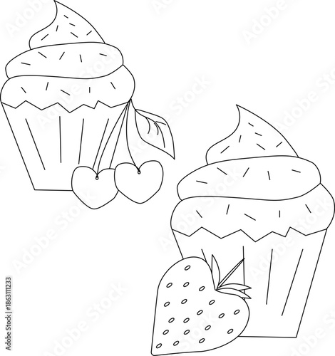 A set of cupcakes with hearts Valentine's Day composition set. Vector graphic line black and white illustration. for package, holiday design, fabric and textile.