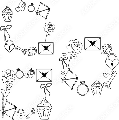 Valentine's Day round square frame template set. Vector graphic line black and white illustration. Silhouette sign for logo, print, comics, fashion, pop art, boards, design, stickers