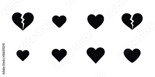 Collection of broken and whole heart symbols in black silhouette