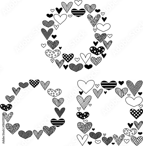 Heart Shape Valentine's Day round square frame template set. Vector graphic line black and white illustration. background for banners, print for fabric, labels, t-shirt printing.