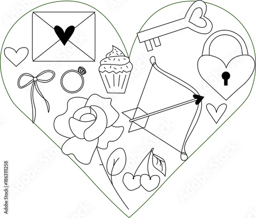 Valentine's Day heart composition. Vector graphic line black and white illustration. Silhouette sign for logo, print, comics, fashion, pop art, boards, design, stickers, decoration, posters
