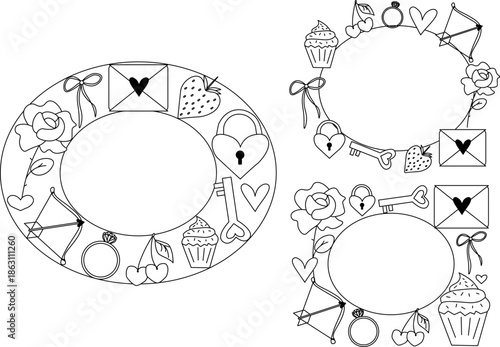 Valentine's Day oval rectangle frame template set. Vector graphic line black and white illustration. Silhouette sign for logo, print, comics, fashion, pop art, boards, design, stickers