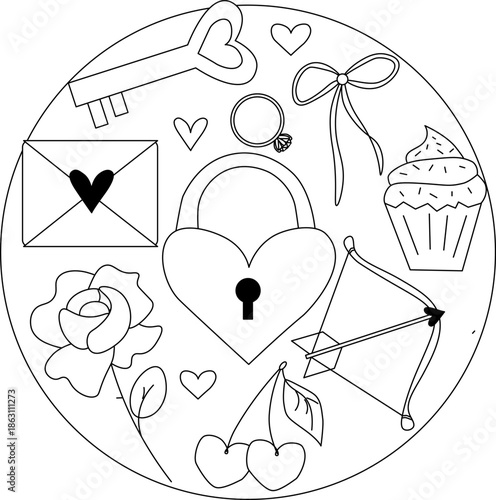Valentine's Day round composition. Vector graphic line black and white illustration. Silhouette sign for logo, print, comics, fashion, pop art, boards, design, stickers, decoration, posters