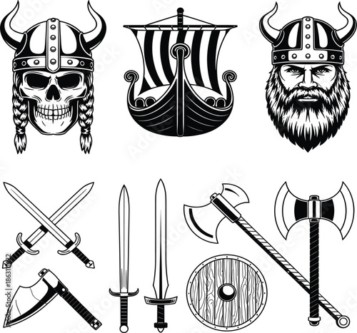Viking warrior skull and bearded man with horn helmets, drakkar ship, swords, axes, shield, vector collection
