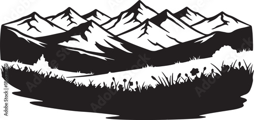 Mountain range landscape with lake and flowers