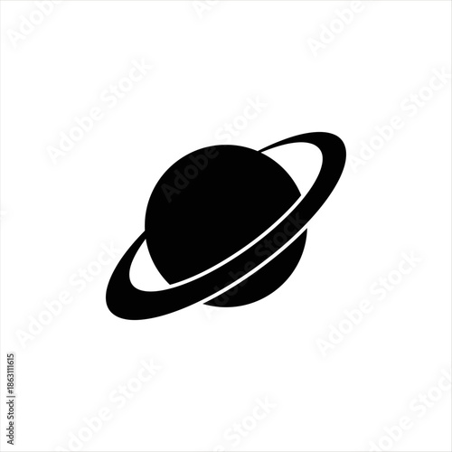 Black silhouette of a planet with rings.