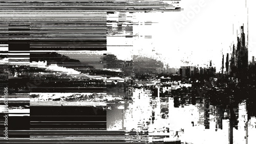 A distorted black and white landscape featuring fragmented lines and a blurred view of distant trees and buildings