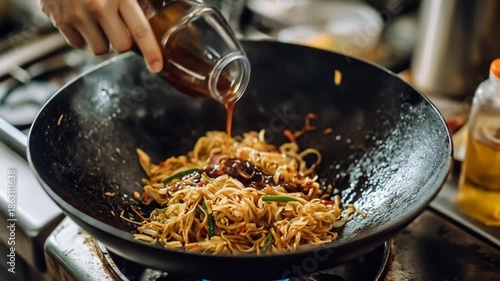 Chef pouring sauce over noodles in a wok cooking on a stove