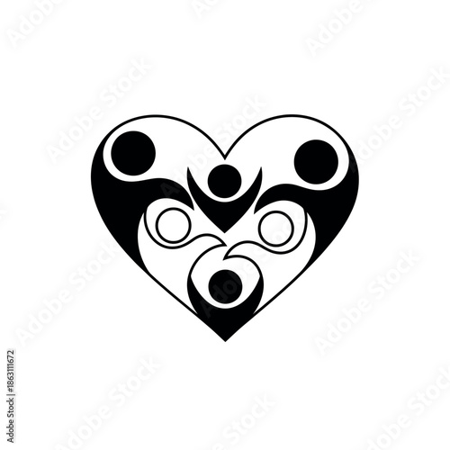 Heart shape with yin yang symbols and people figures.