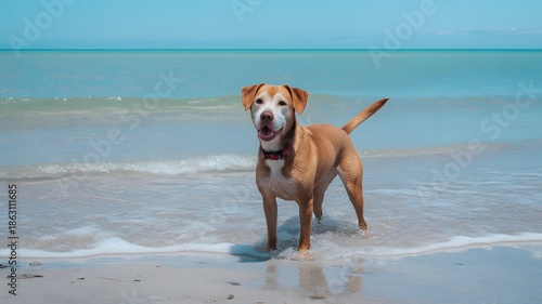An adorable young golden retriever puppy and a cute brown dachshund pet sitting on the beach by the sea