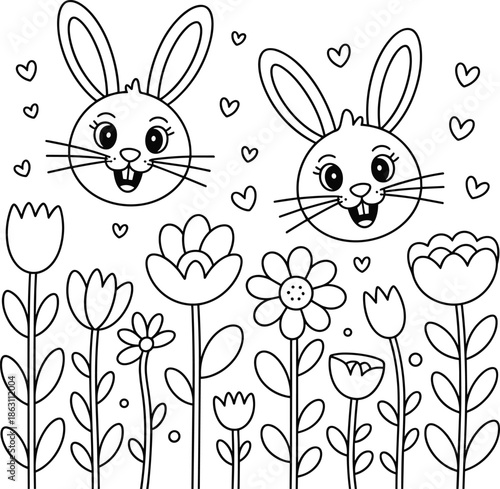 Title: Two cartoon bunnies with large ears and smiling faces sitting side by side