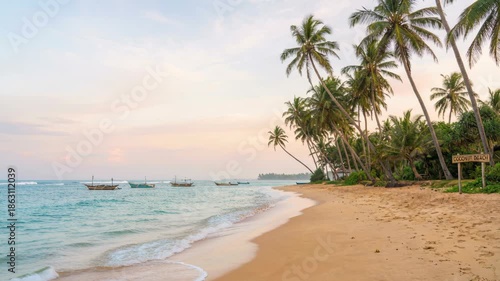 Idyllic Tropical Beach Scene at Sunset With Palm Trees Gentle Waves and Fishing Boats on the Horizon Bathed in Soft Pastel Light