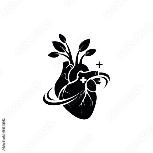 Stylized Heart with Growing Plant and Medical Symbol.