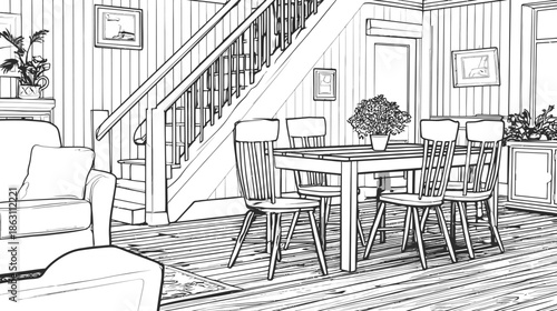 Detailed Line Art Illustration of a Cozy Home Interior: Living Room, Dining Area, and Staircase. Black and White Sketch.