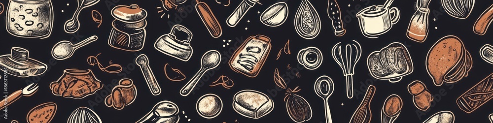 seamless pattern of doodle line art illustrations with food and kitchen utensils, hand drawn style, dark grey background, brown lines, vector illustration, high resolution, highly detailed