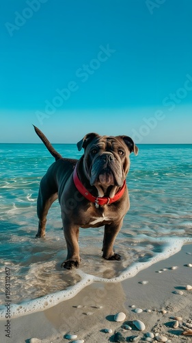 A cute brown and white pedigree boxer puppy sits on the sandy beach while a purebred canine pet enjoys the nature of the ocean sea and water