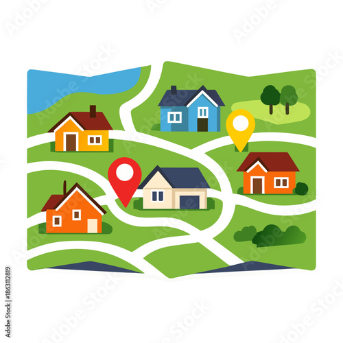 Neighborhood Map with Houses Icon, Real Estate Location Concept