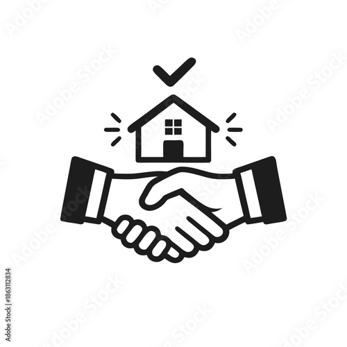 Real Estate Deal Icon with Handshake and Approved House