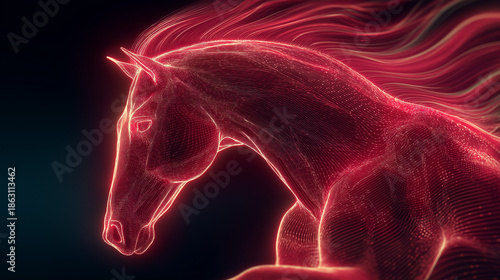 Fiery Horse: A majestic horse, rendered in glowing red, gallops with unbound energy against a deep blue backdrop, exuding power and grace in its digital form.