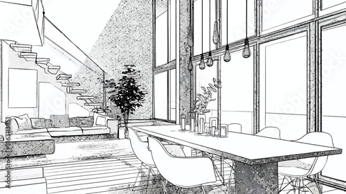 Architectural sketch of a modern open-plan living and dining room with large windows, staircase, and contemporary furniture design.