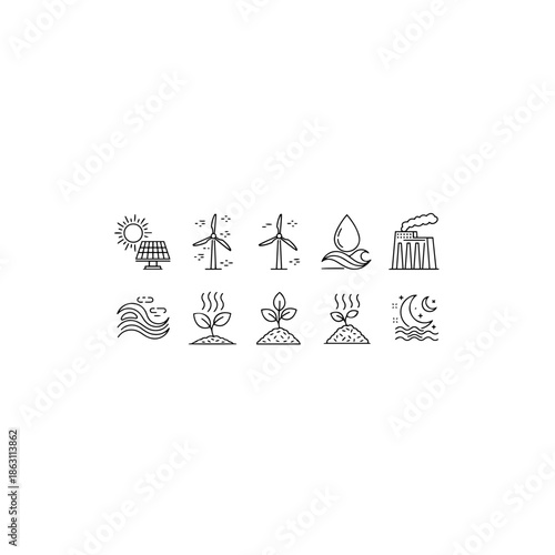 Sustainable energy and nature icons isolated on transparent background