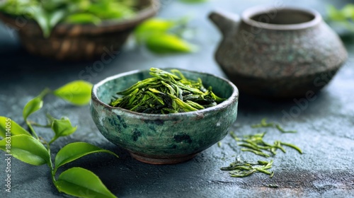 a bowl of green tea next to a teapot