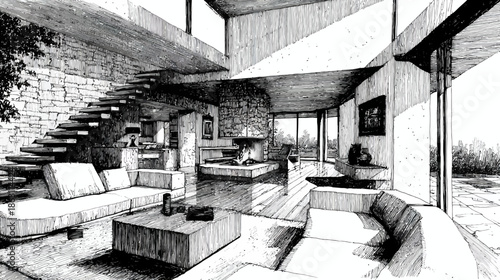 Detailed hand-drawn architectural sketch of a modern open-plan living room interior with a fireplace and floating stairs.
