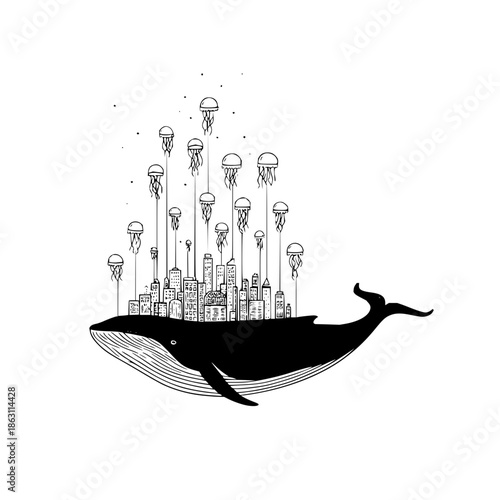 A whale carrying a city on its back with jellyfish floating above in a black and white drawing style