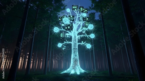 Glowing digital tree in futuristic forest with neon lights
