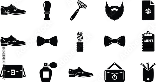 Celebrating Men's Day with Grooming Tools and Accessories Icons in Black and White