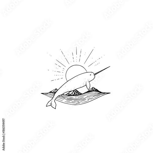 Narwhal with a long horn swimming over mountains with sun rays in a black and white line drawing style