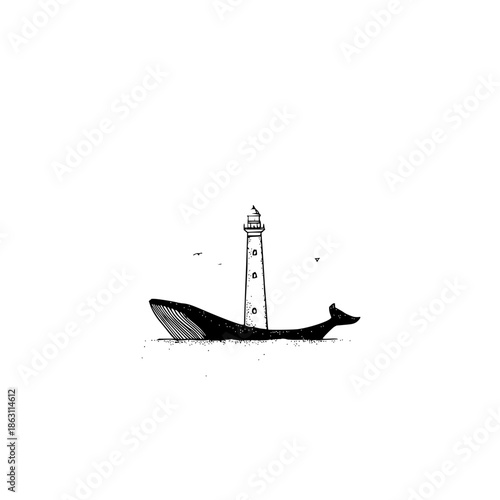 Whale shaped landmass with a lighthouse on its back and some birds flying around in monochrome style