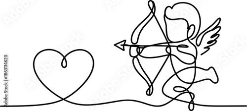 Title: A cartoon cupid with a bow and arrow aiming at a heart shape on a white background