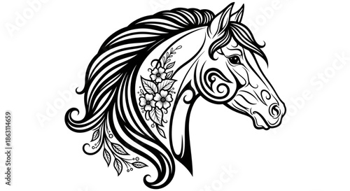 Elegant Ornamental Horse Head Line Art Illustration with Flowing Mane Floral Details for Tattoo Design Branding and Apparel Print