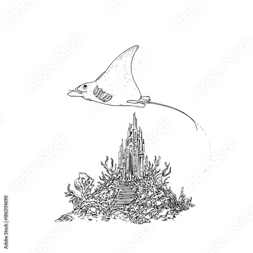 Manta ray swimming above an underwater castle with coral reefs in black and white illustration style