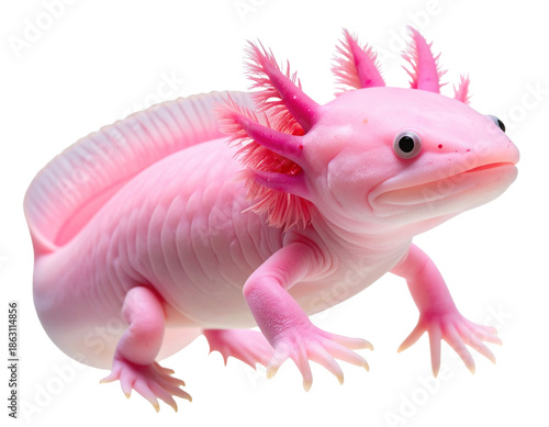  Close-Up of a Vibrant Pink Axolotl with Frilly External Gills, Side View, Isolated on Transparent Background