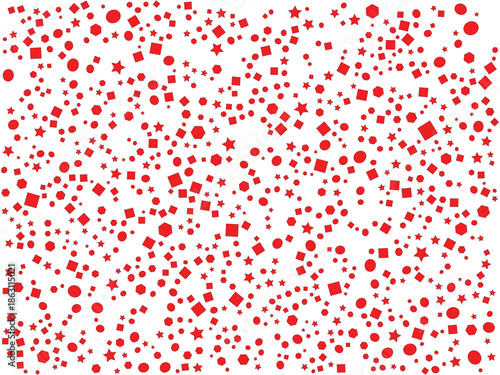 This image displays an abstract pattern of numerous red shapes scattered randomly across a white background. The shapes vary significantly in size, from tiny specks to larger figures. 