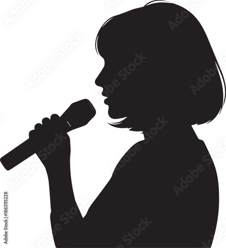 Silhouette of a woman singing into a microphone on a white background