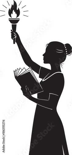 Silhouette of a woman holding a torch and a book symbolizing knowledge and enlightenment