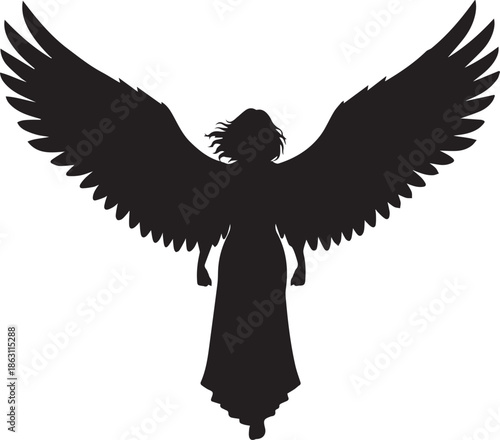 Silhouette of a winged angel with outstretched arms against a white background
