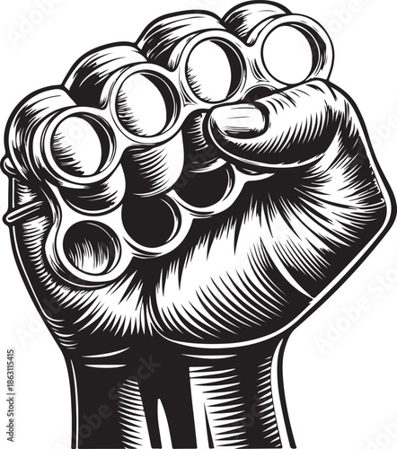 Fist with brass knuckles in aggressive stance