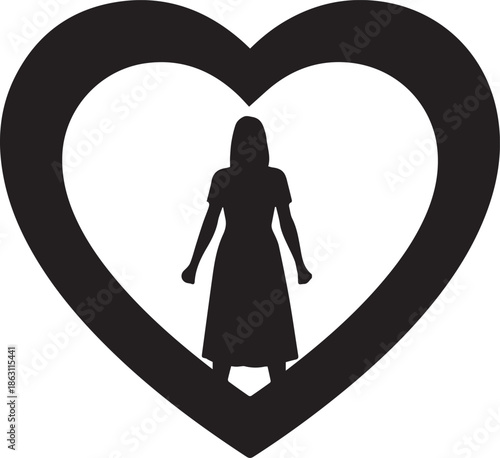 Silhouette of a woman standing inside a large heart shape
